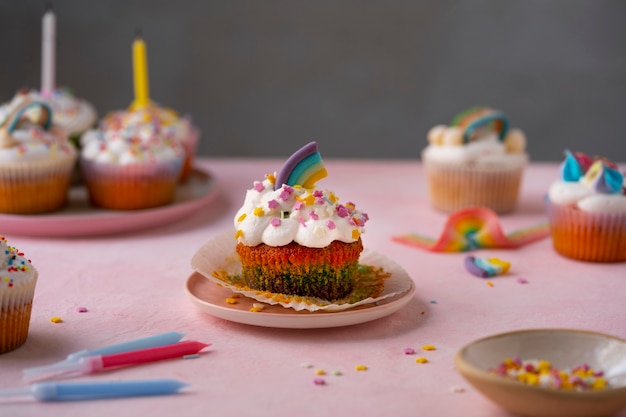 Free photo delicious rainbow cupcake still life