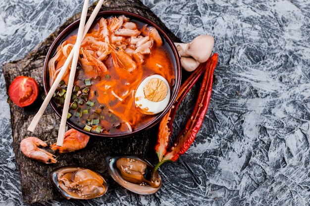 Delicious ramen bowl top view