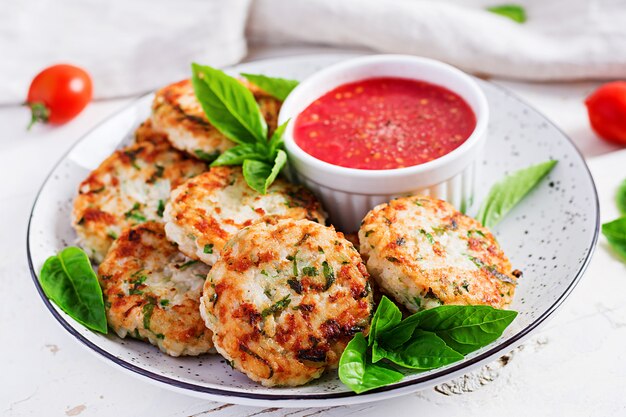 Delicious rice and chicken meat patties with garlic tomato sauce
