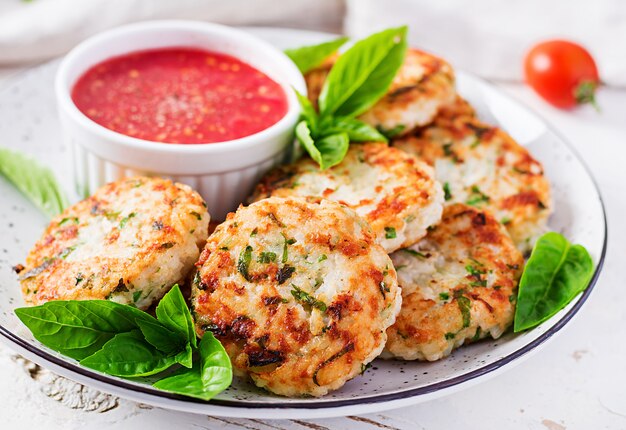 Delicious rice and chicken meat patties with garlic tomato sauce
