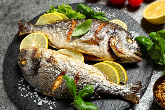 회색 테이블에 레몬을 넣은 맛있는 구운 생선