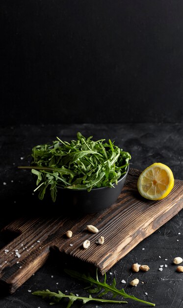 Delicious salad on dark bowl