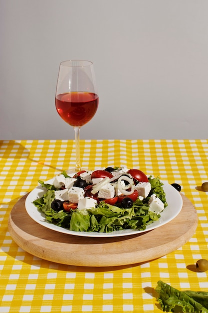 Free photo delicious salad and wine glass