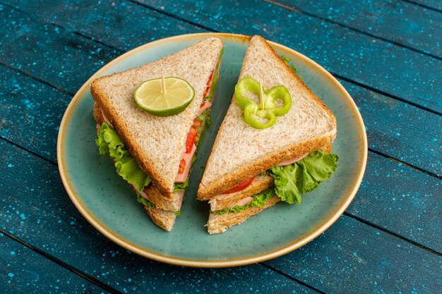 delicious sandwiches inside blue plate on blue