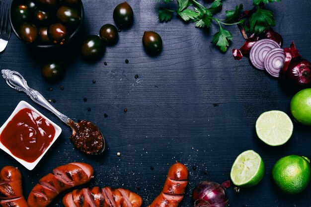 Delicious sausages on frying pan