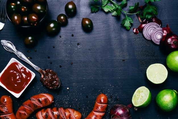 Delicious sausages on frying pan