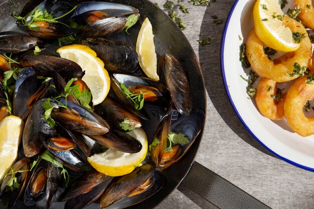 Delicious seafood on table arrangement above view