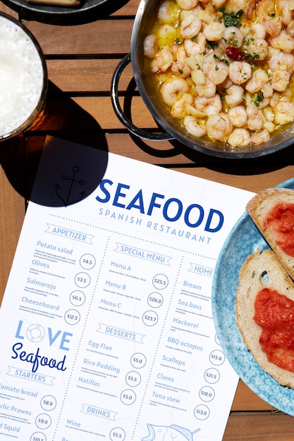 Free photo delicious seafood on table flat lay