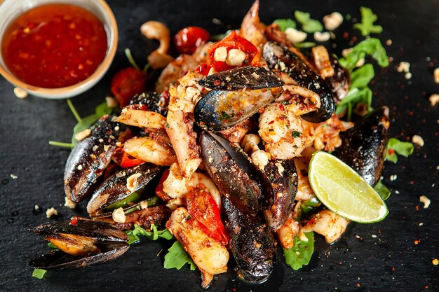 Delicious seafood with spicy sos.Mediterranean fine cuisine