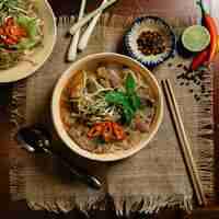 Free photo delicious soup with meat and noodles in a white bowl