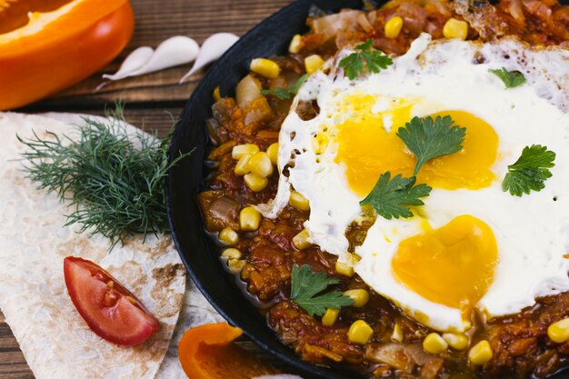 Delicious spicy mexican food with fried eggs