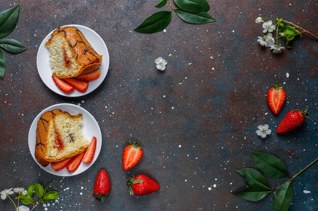 Delicious strawberry chocolate cake with fresh strawberries,top view