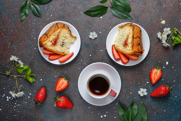 Delicious strawberry chocolate cake with fresh strawberries,top view