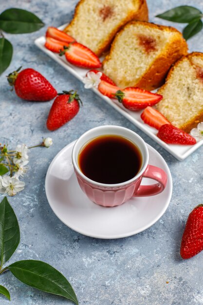 Delicious strawberry chocolate cake with fresh strawberries,top view