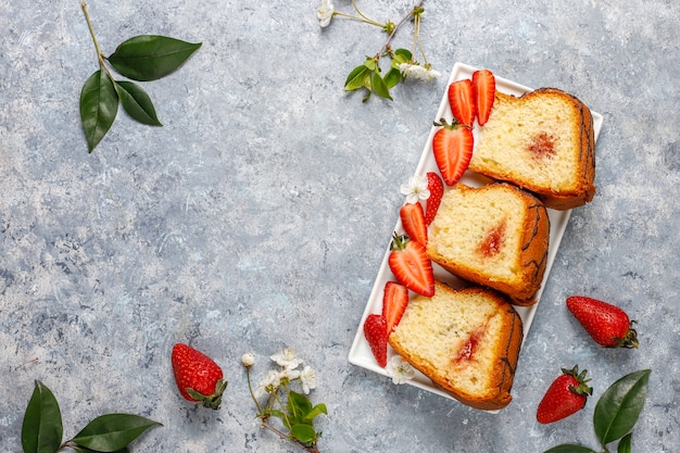 Delicious strawberry chocolate cake with fresh strawberries,top view