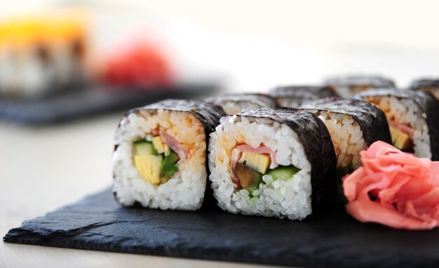 Delicious sushi served on the table