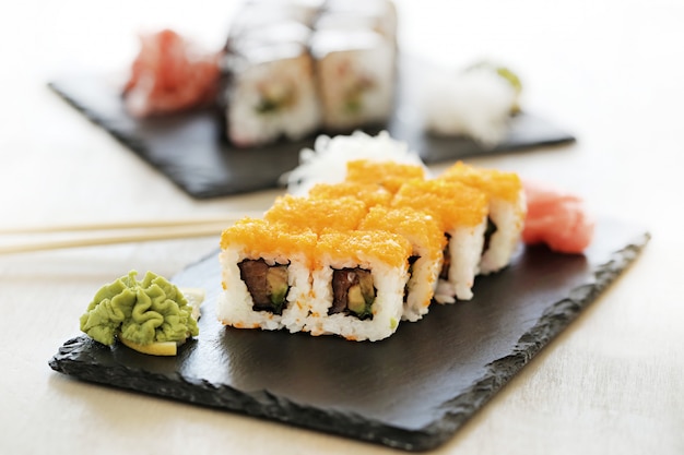 Delicious sushi served on the table