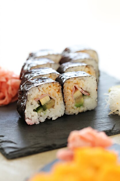 Delicious sushi served on the table