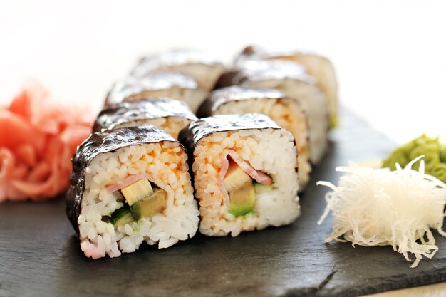 Delicious sushi served on the table