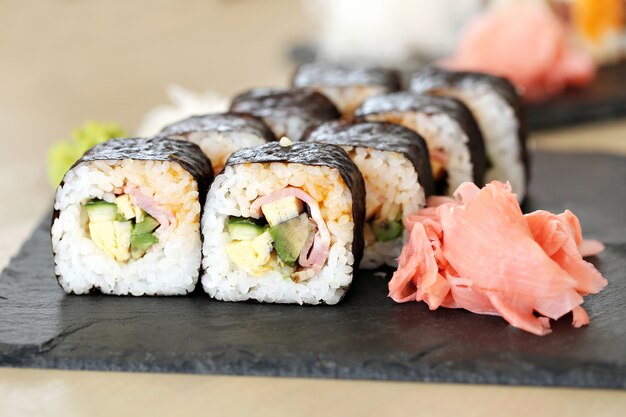 Delicious sushi served on the table