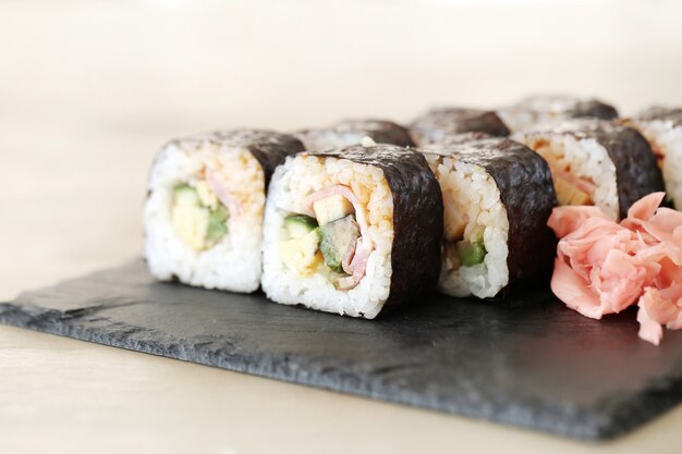 Delicious sushi served on the table