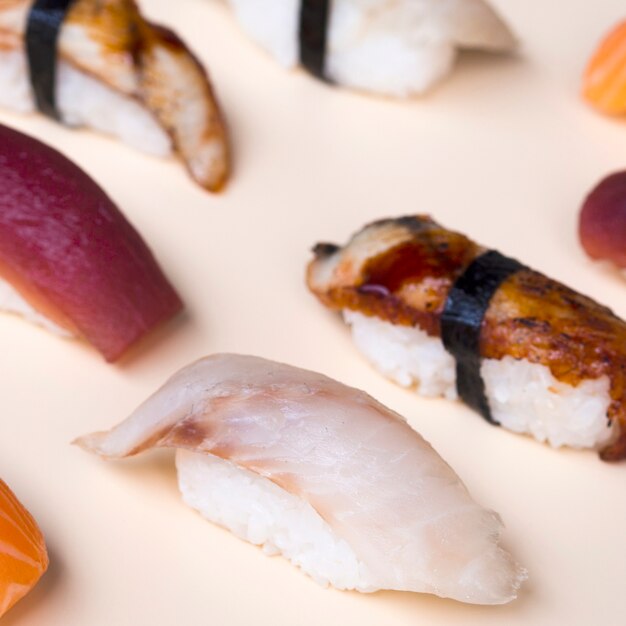 Delicious sushi on a white table