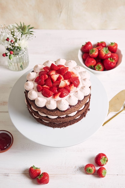 Delicious and sweet cake with strawberries and baiser on a plate