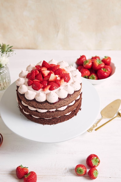 Delicious and sweet cake with strawberries and baiser on a plate