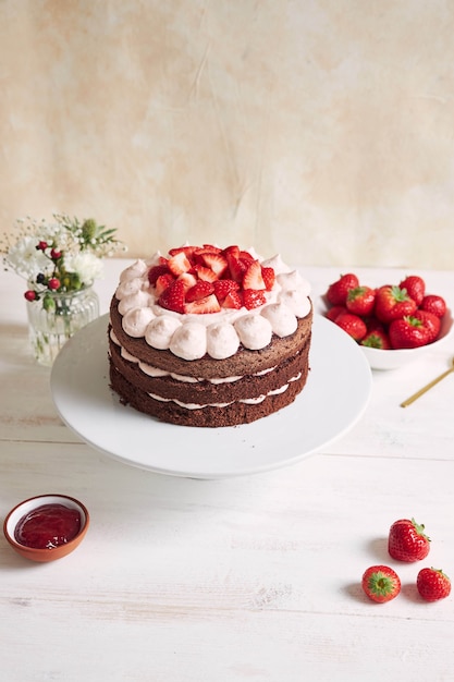 Delicious and sweet cake with strawberries and baiser on a plate