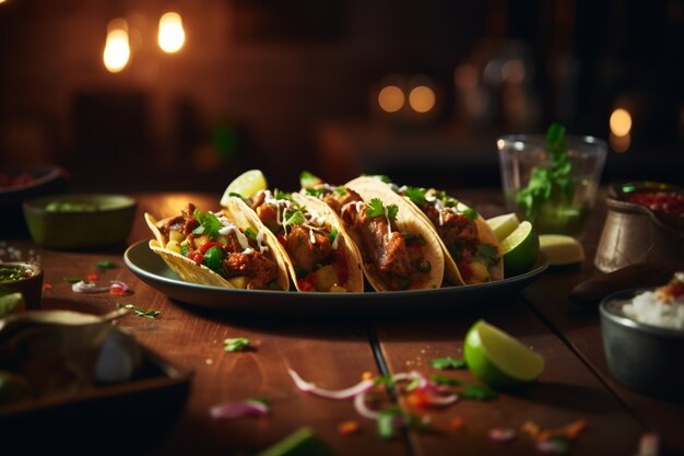 Delicious tacos on table