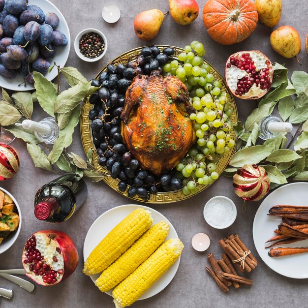 Delicious thanksgiving food above view