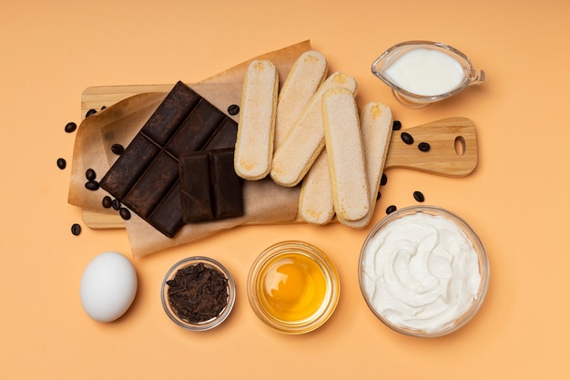 Delicious tiramisu ingredients flat lay