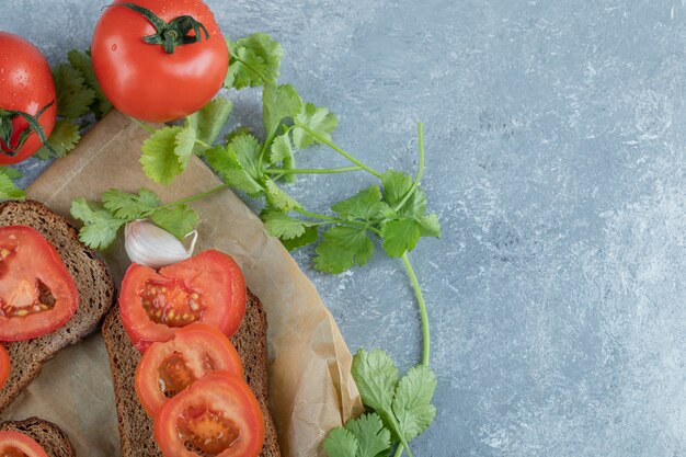 Delicious toasts with slices of tomato on a gray background. 