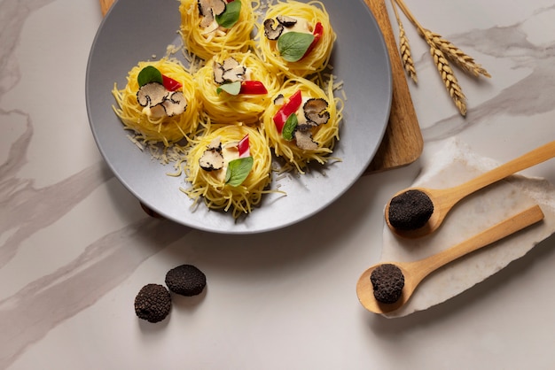 Delicious truffle recipe with pasta top view