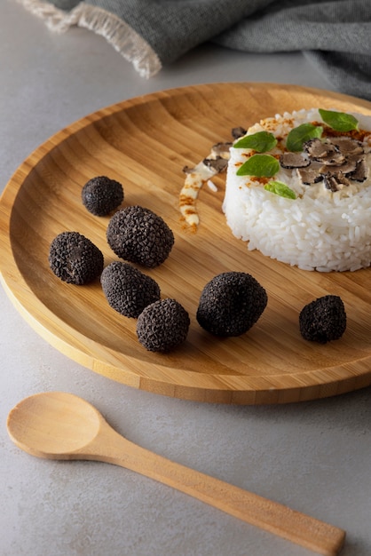 Delicious truffle recipe with rice high angle