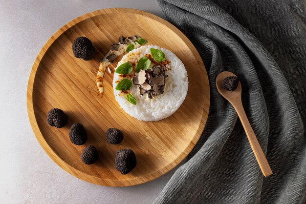 Delicious truffle recipe with rice top view