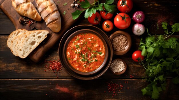 Delicious Turkish lentil soup aromatic and spicy dish with red pepper and a slice of lemon flat lay