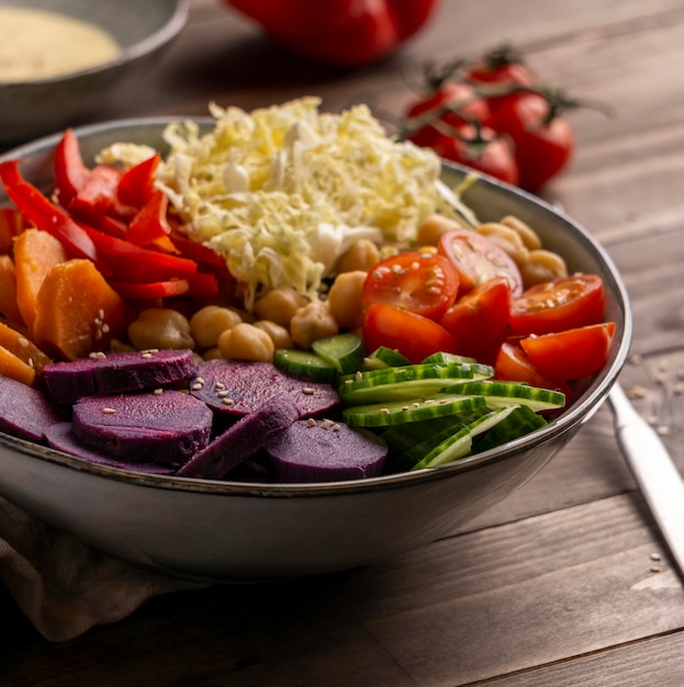 Delicious vegetarian food bowl high angle