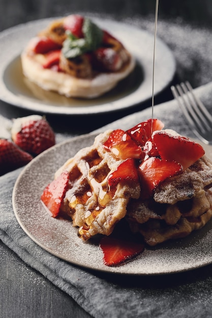 Foto gratuita deliziosi waffle con frutta e miele