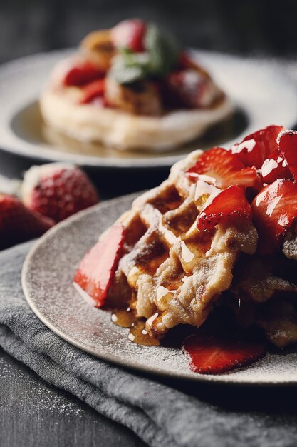 Delicious waffles with fruit and honey