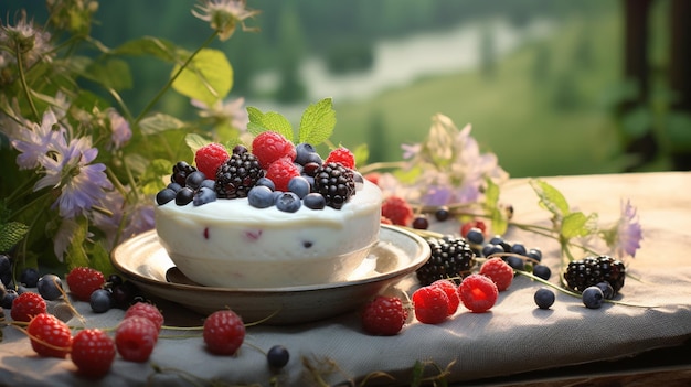 Delicious yogurt with forest berries on an antique table