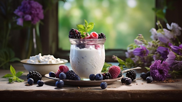 Delicious yogurt with forest berries on an antique table