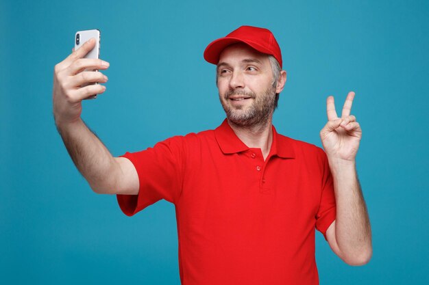 Delivery man employee in red cap blank tshirt uniform holding smartphone doing selfie smiling showing vsign standing over blue background