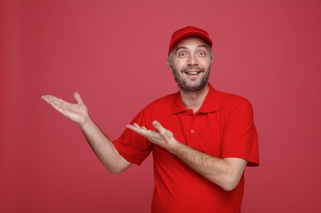 Сотрудник доставщика в красной кепке, пустая форма футболки, смотрящий в камеру, счастливый и позитивно улыбающийся, весело представляя руки, стоящие на красном фоне