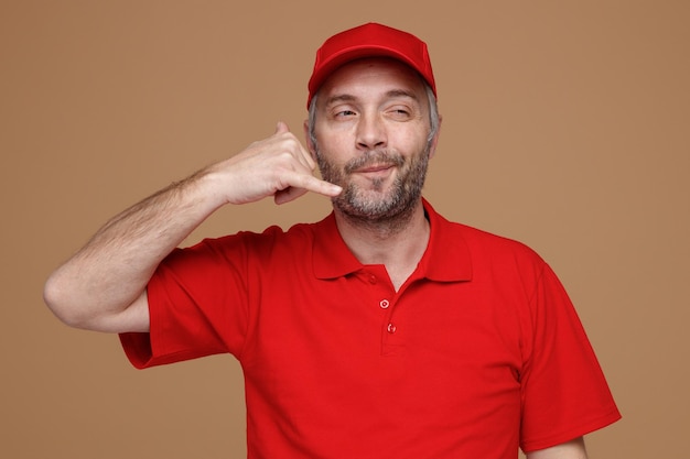 Delivery man employee in red cap blank tshirt uniform making call me gesture looking aside with slyly expression standing over brown background