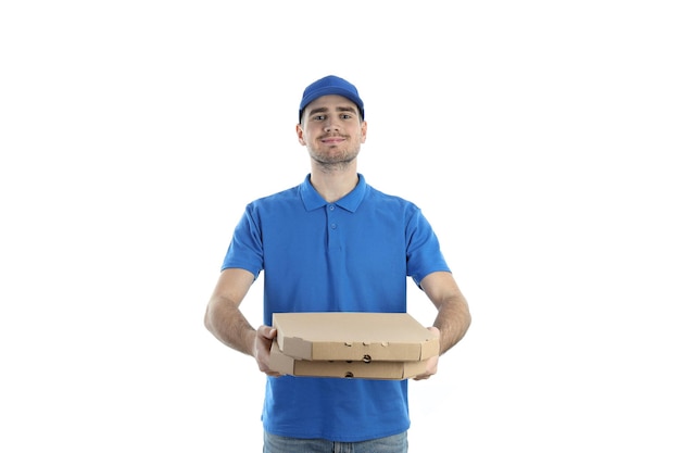 Delivery man holds pizza, isolated on white background