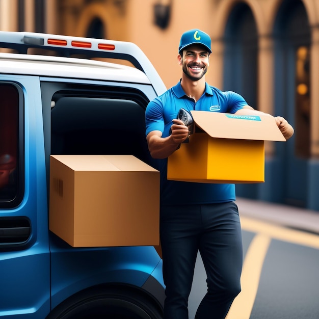 A delivery man is loading boxes into a van.