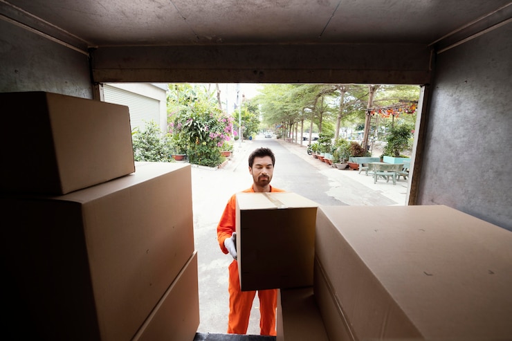 Free Photo delivery man loading car with parcel boxes