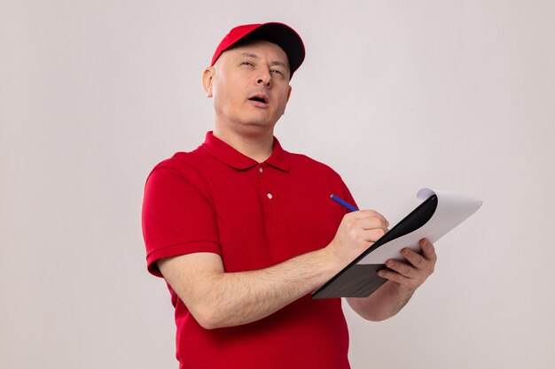 Delivery man in red uniform and cap holding clipboard with blank pages and pen making notes looking up puzzled standing over white background
