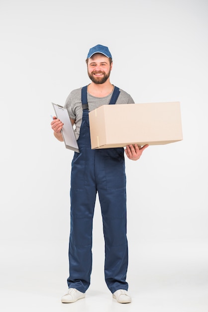 Delivery man with box and clipboard 